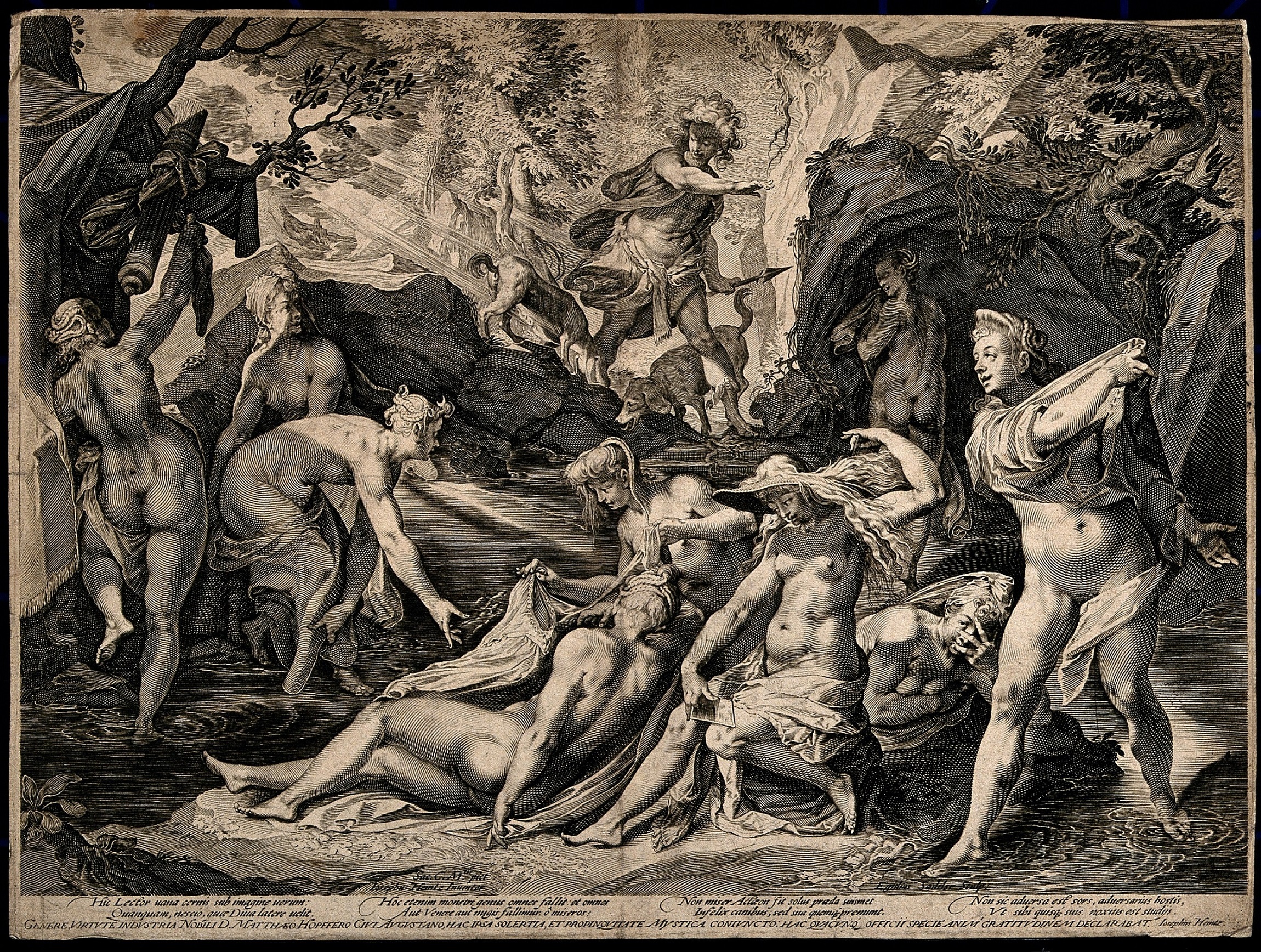 Aegidius Sadeler (um 1570 – 1629), Diana und Aktaeon (Reproduktionsstich nach Joseph Heintz d. Ä.), um 1597/1600,  Kupferstich, 381 x 511 mm